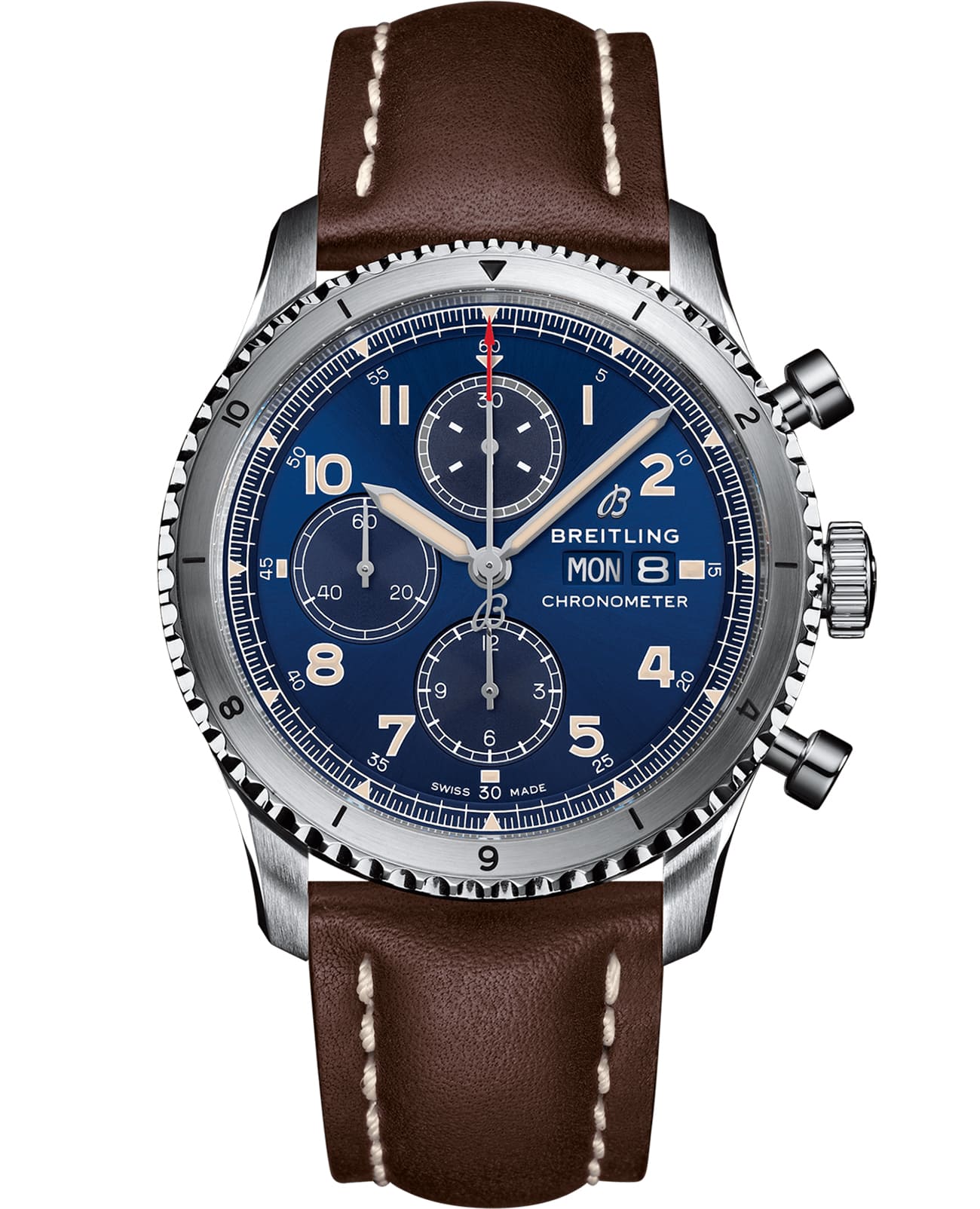 Breitling Breitling Aviator 8 Chronograph 43 A13316101C1X2  A13316101C1X2 механические мужские часы синий циферблат, браслет кожаный — вид спереди