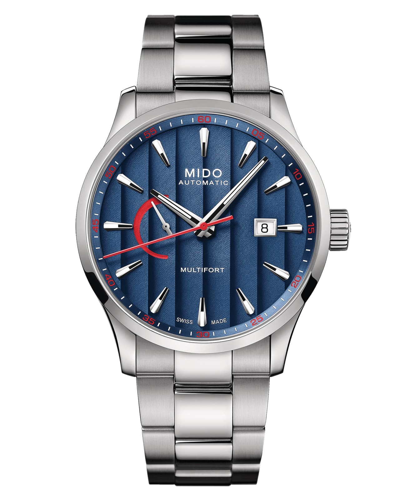 Mido Mido Multifort Power Reserve M038.424.11.041.00  M0384241104100 механические мужские часы синий циферблат, браслет нержавеющая сталь — вид спереди