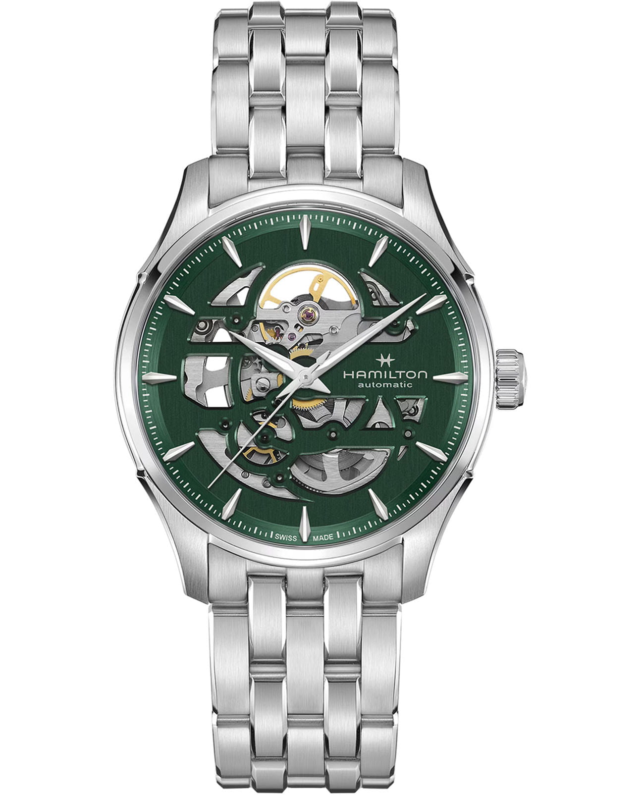 Hamilton Hamilton Jazzmaster Skeleton 40mm H42535160  H42535160 механические мужские часы зеленый циферблат, браслет нержавеющая сталь — вид спереди