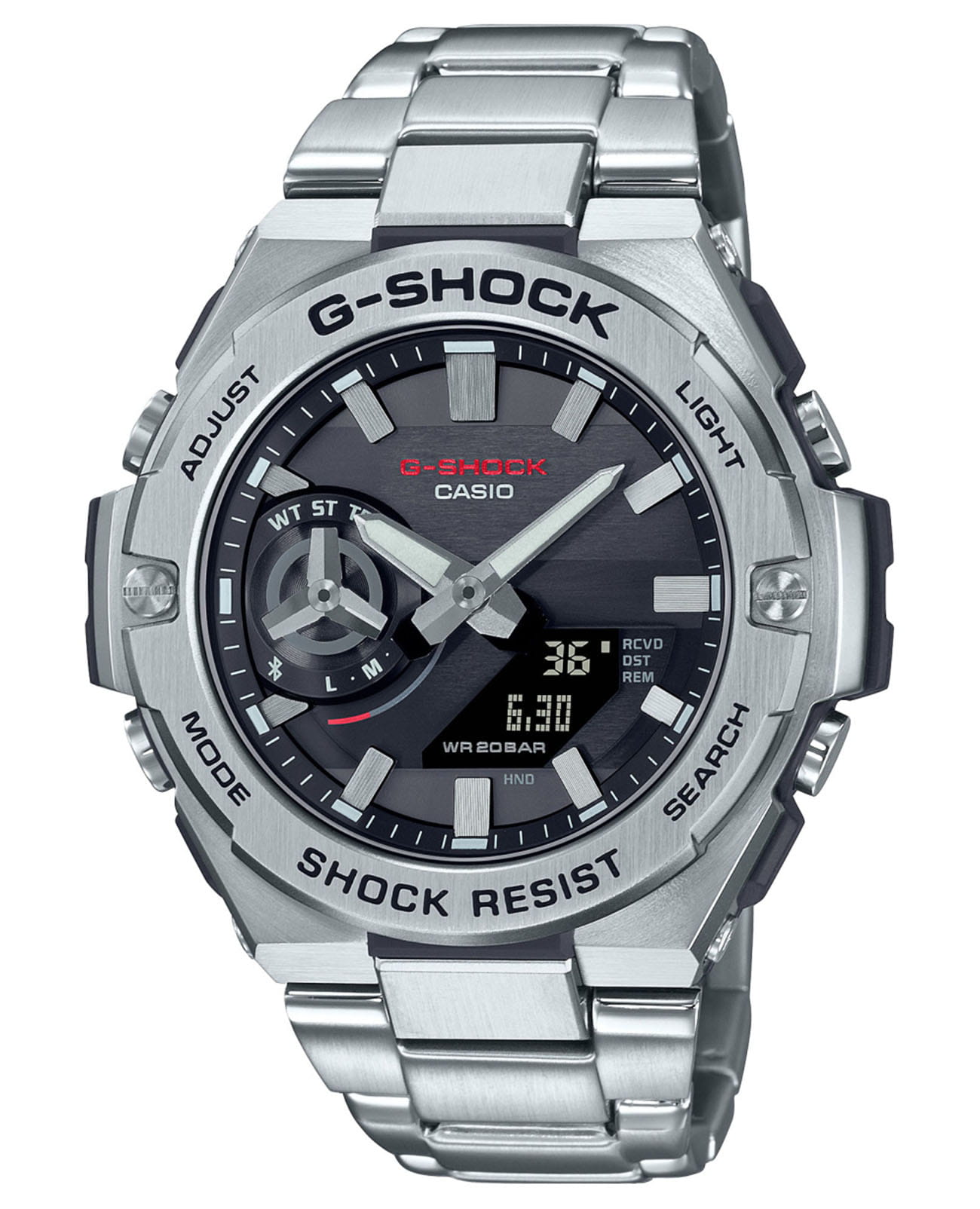 Casio Casio G-Shock GST-B500D-1AER GST G-Steel GST-B500D-1AER электронные мужские часы серый циферблат, браслет нержавеющая сталь — вид спереди