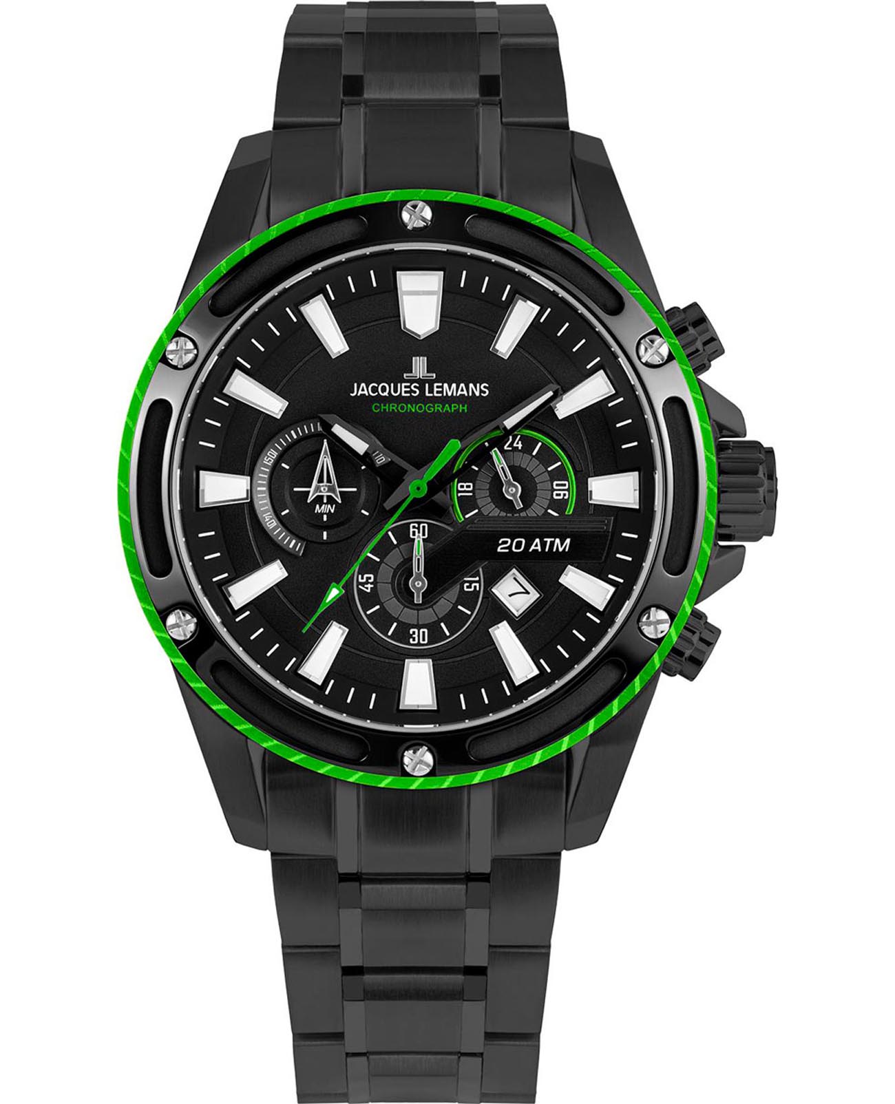 Jacques Lemans Jacques Lemans Liverpool 1-2141H  1-2141H кварцевые мужские часы черный циферблат, браслет нержавеющая сталь с pvd-покрытием — вид спереди