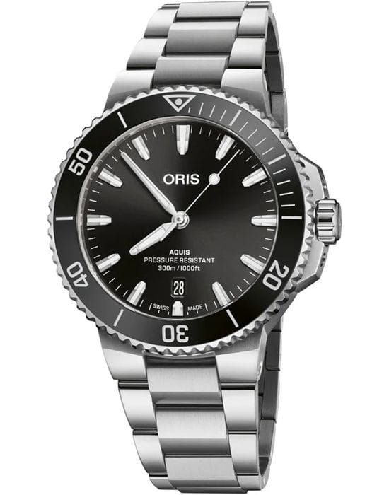 Oris Oris Aquis Date 01 733 7787 4154-07 8 22 04PEB  01 733 7787 4154-07 8 22 04PEB механические мужские часы черный циферблат, браслет нержавеющая сталь — вид спереди