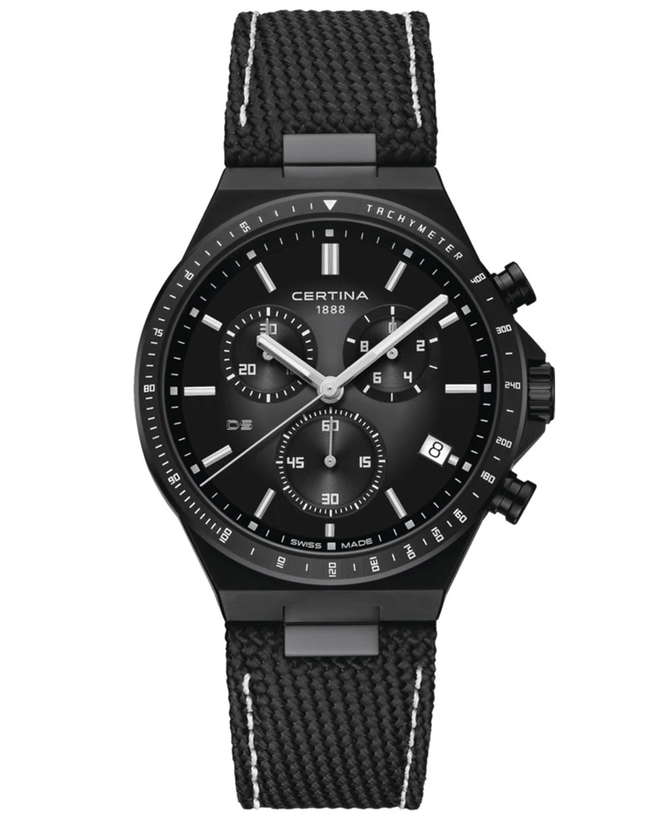 Certina Certina DS-7 Chronograph C043.417.38.081.00  C0434173808100 кварцевые мужские часы черный циферблат, браслет тканевый — вид спереди