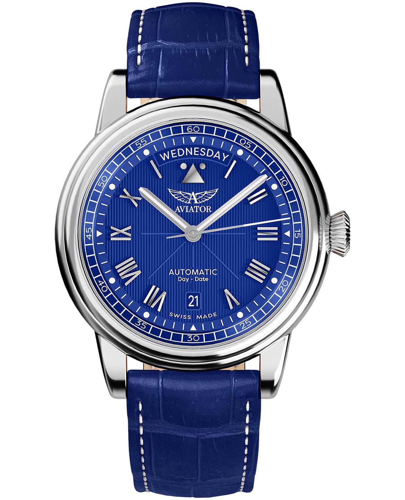 Aviator Aviator Douglas Day-Date V.3.35.0.276.4  V.3.35.0.276.4 механические мужские часы синий циферблат, браслет кожаный — вид спереди