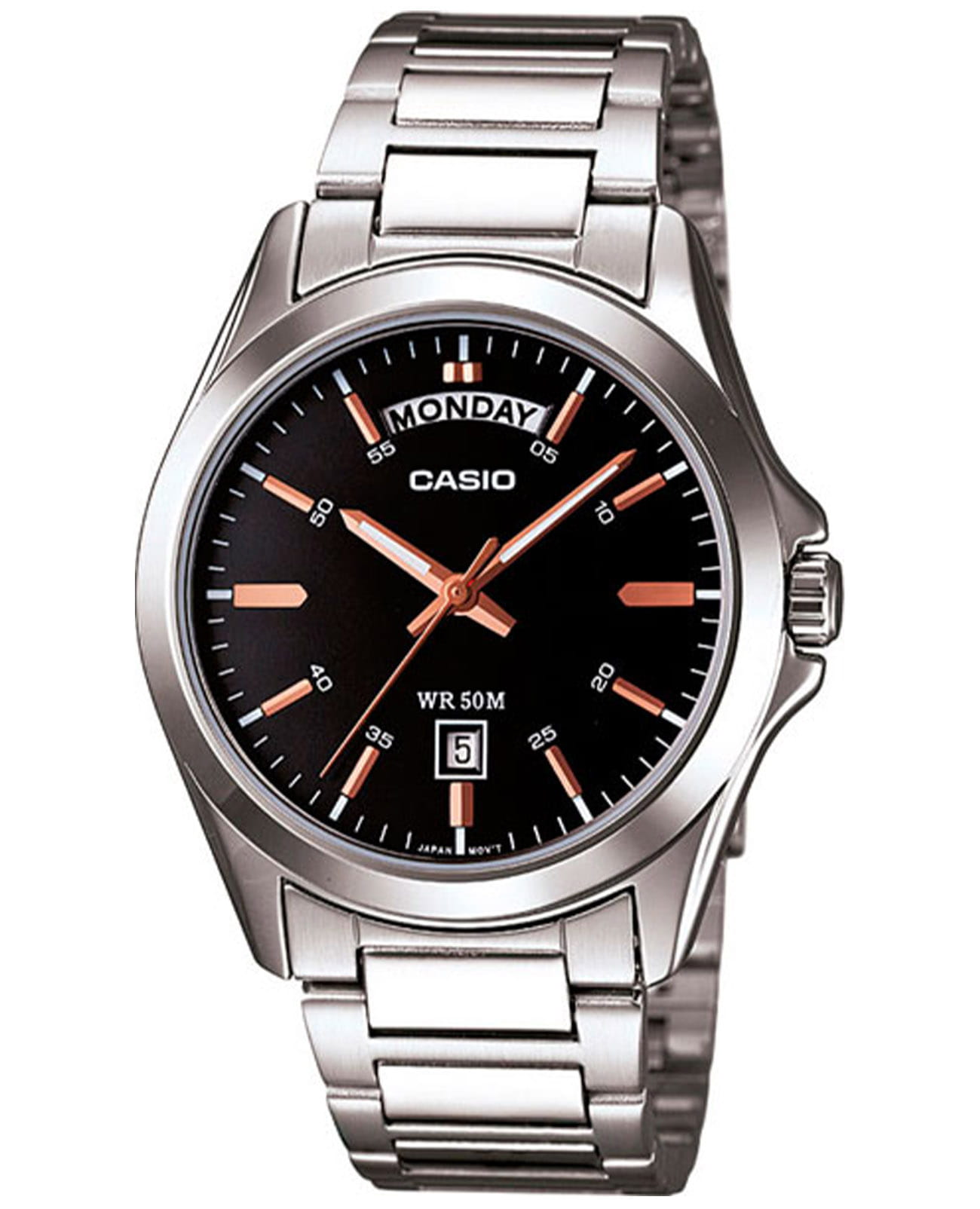 Casio Casio Collection MTP-1370D-1A2VDF (MTP-1370D-1A2)  MTP-1370D-1A2 кварцевые мужские часы черный циферблат, браслет нержавеющая сталь — вид спереди