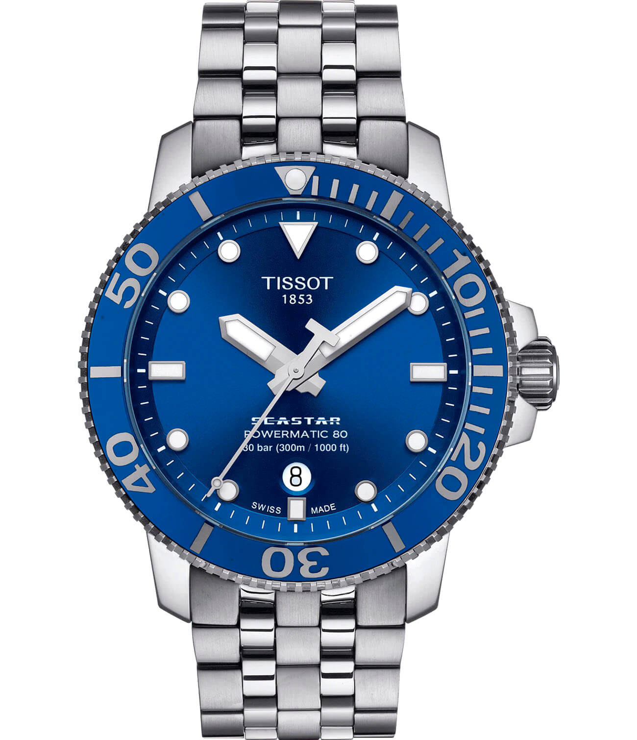 Tissot Tissot Seastar 1000 Powermatic 80 T120.407.11.041.00 Seastar 1000 T1204071104100 механические мужские часы синий циферблат, браслет нержавеющая сталь — вид спереди