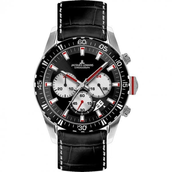 Jacques Lemans Jacques Lemans 1-1801C  1-1801C кварцевые мужские часы черный циферблат, браслет кожаный — вид спереди