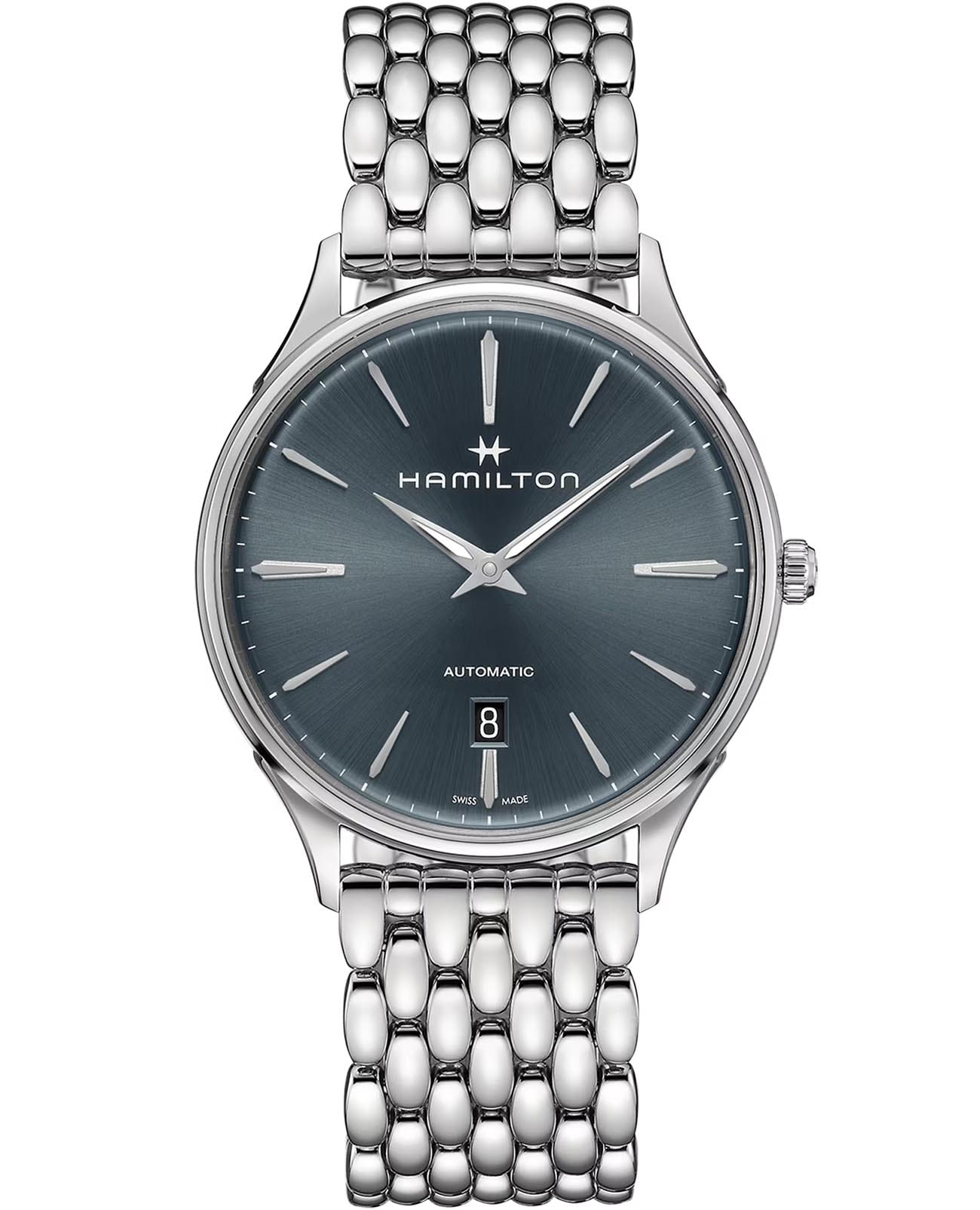 Hamilton Hamilton Jazzmaster Thinline Auto H38525141  H38525141 механические мужские часы серый циферблат, браслет нержавеющая сталь — вид спереди