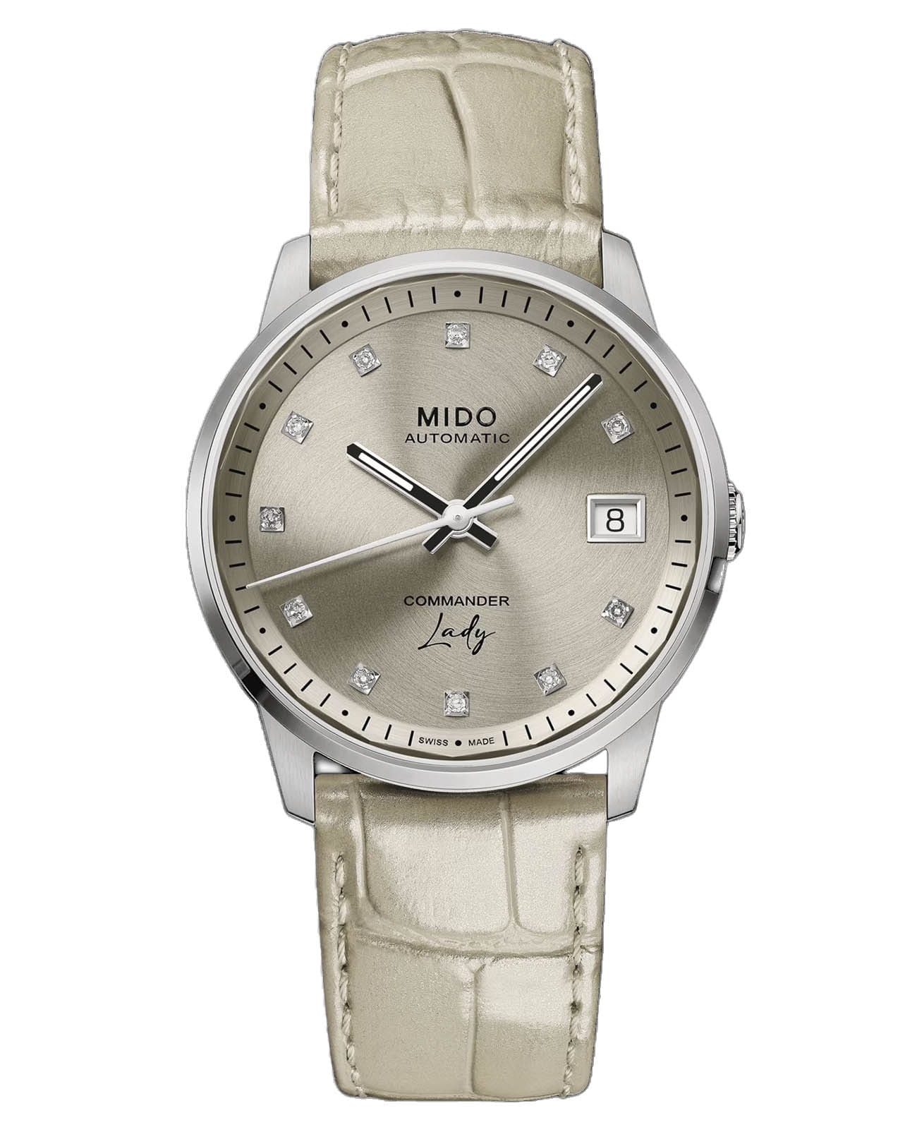 Mido Mido Commander Lady M021.207.16.296.00  M0212071629600 механические женские часы бежевый циферблат, браслет кожаный — вид спереди