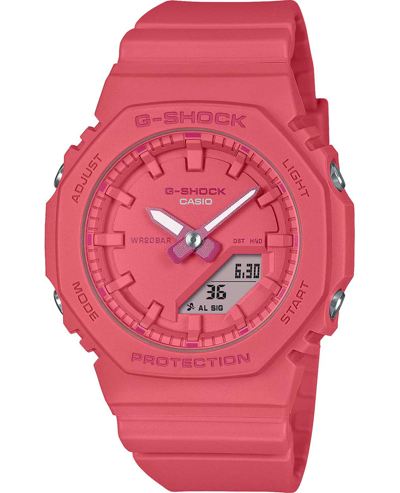 Casio Casio G-Shock GMA-P2100-4ADR (GMA-P2100-4A)  GMA-P2100-4ADR электронные женские часы красный циферблат, браслет пластик — вид спереди
