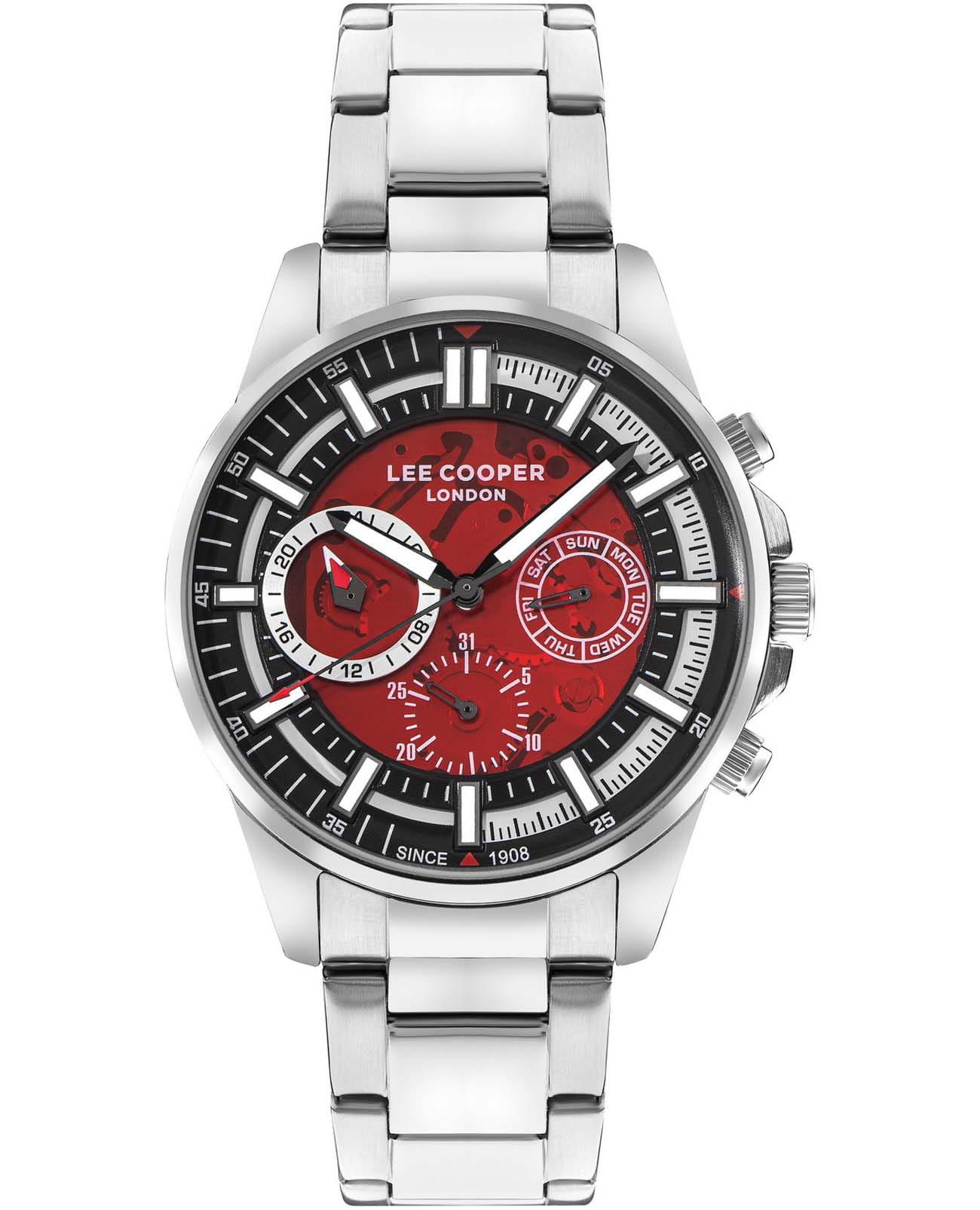 Lee Cooper Lee Cooper LC07817.380  LC07817.380 кварцевые мужские часы красный циферблат, браслет нержавеющая сталь — вид спереди