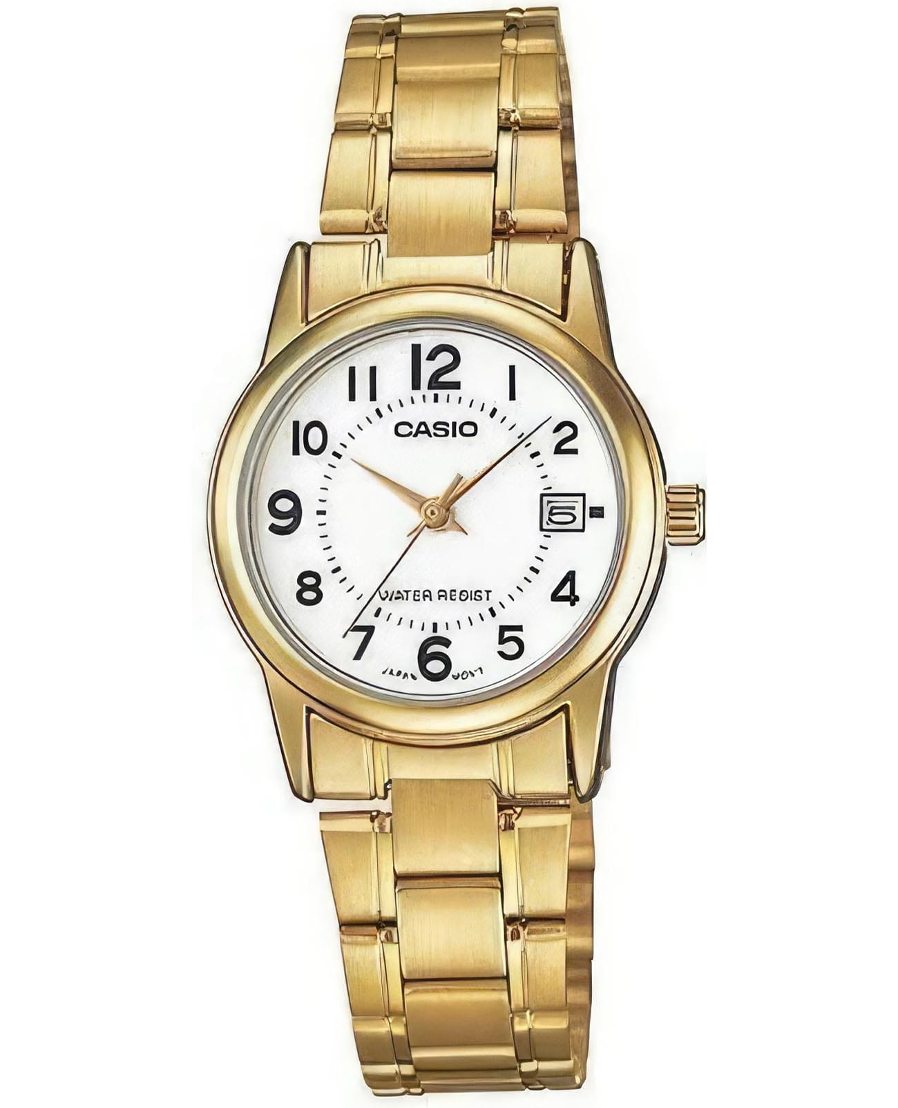 Casio Casio Collection LTP-V002G-7B  LTP-V002G-7B кварцевые женские часы белый циферблат, браслет нержавеющая сталь с ip-покрытием — вид спереди