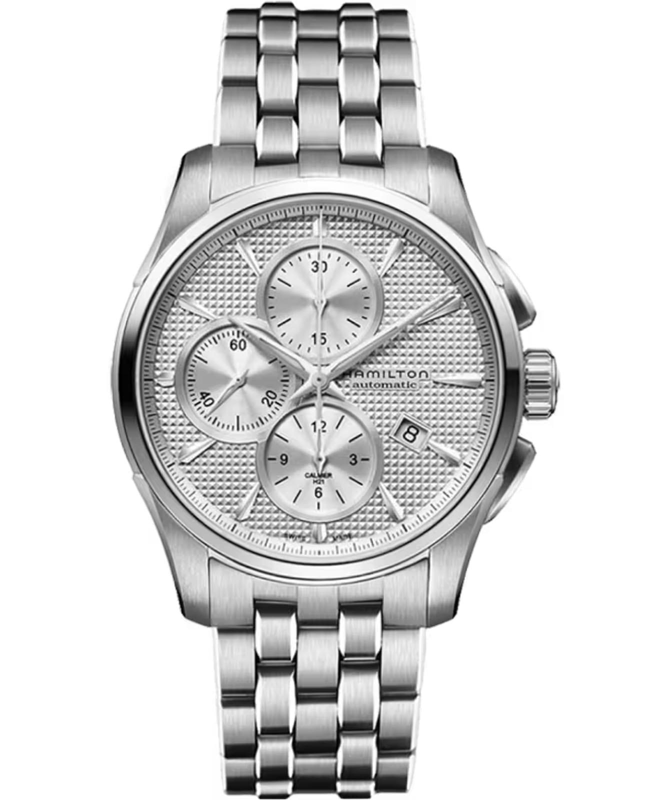 Hamilton Hamilton Jazzmaster Auto Chrono H32596151  H32596151 механические мужские часы серебристый циферблат, браслет нержавеющая сталь — вид спереди