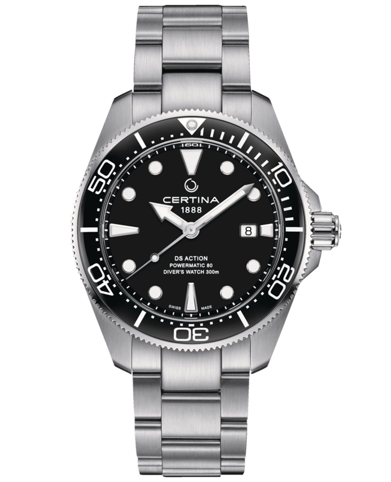 Certina Certina DS Action Diver C032.607.11.051.00 DS Action C0326071105100 механические мужские часы черный циферблат, браслет нержавеющая сталь — вид спереди