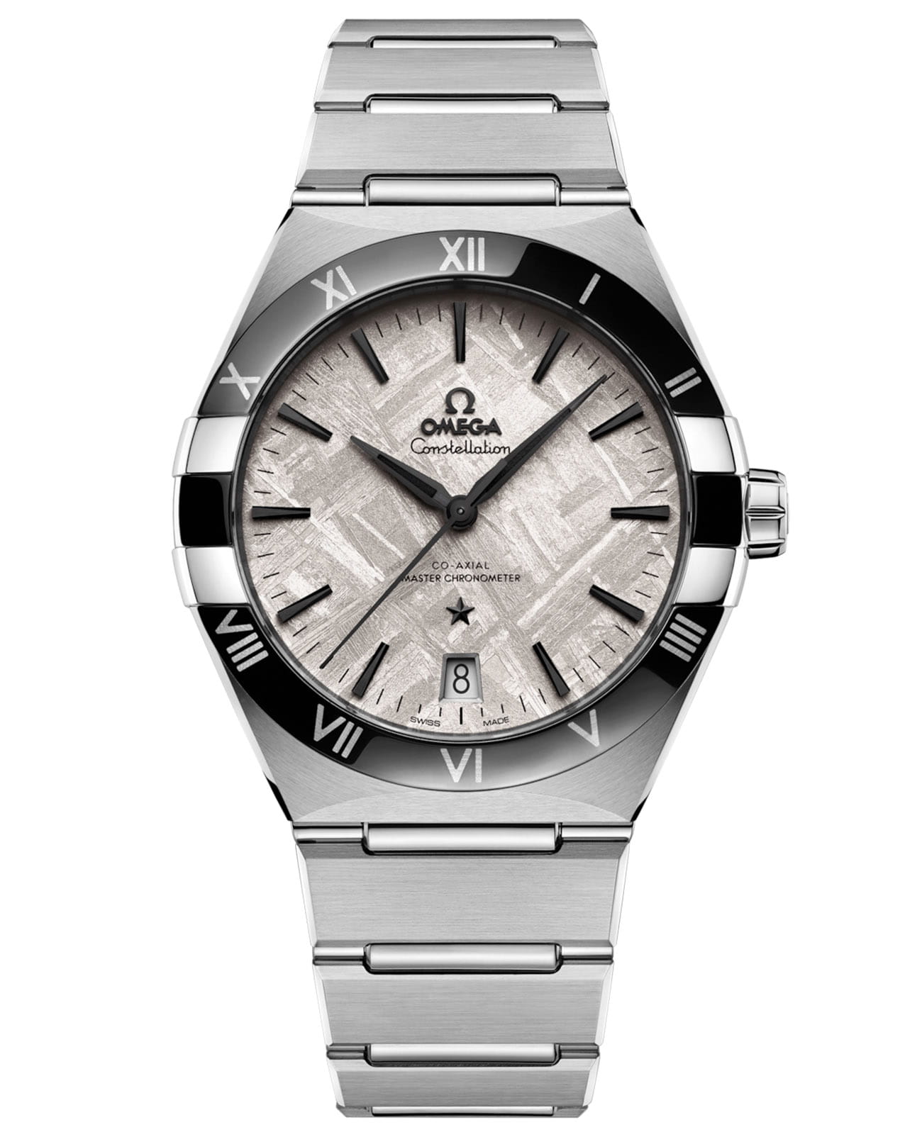 Omega Omega Constellation 131.30.41.21.99.001  13130412199001 механические мужские часы серый циферблат, браслет нержавеющая сталь — вид спереди