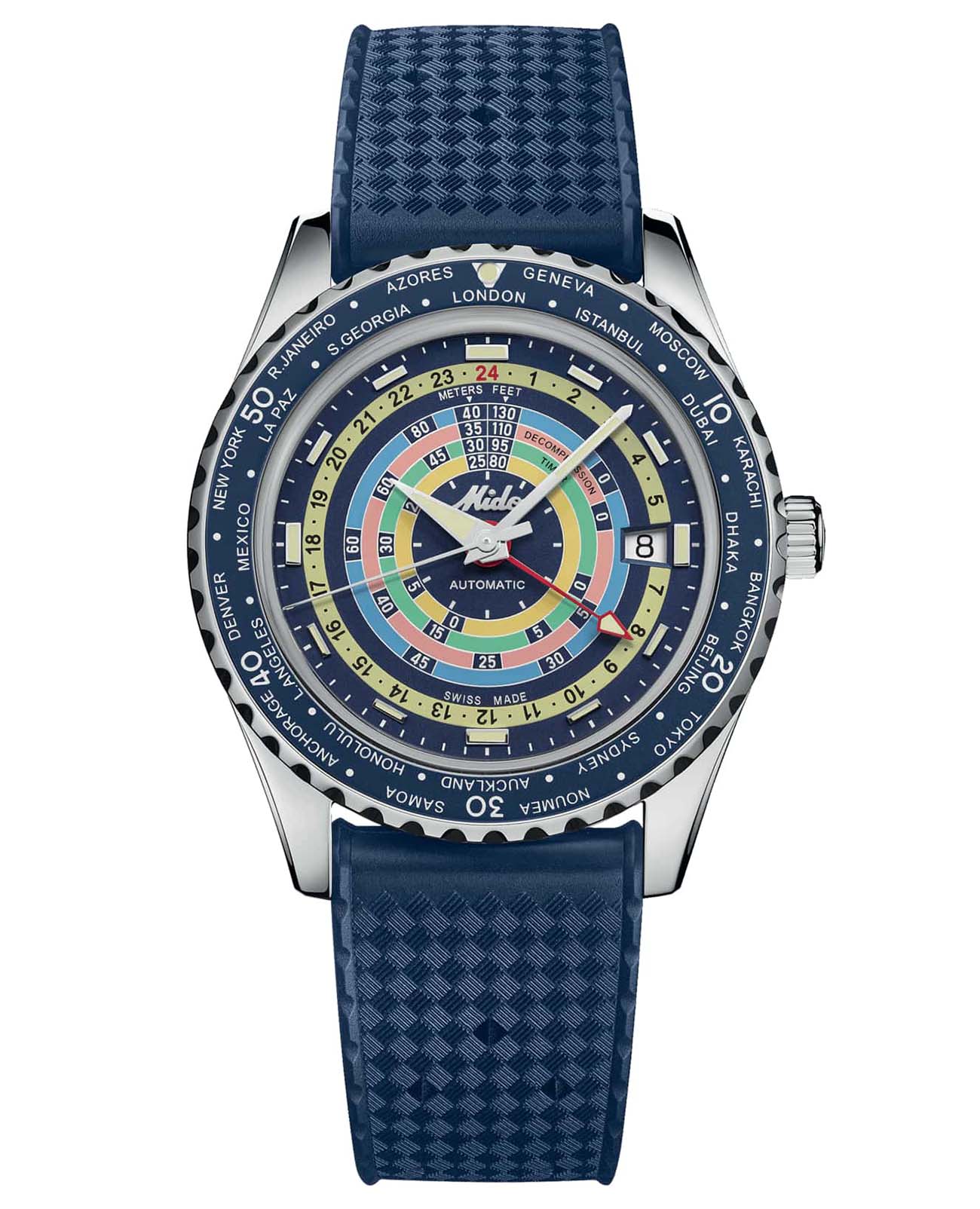 Mido Mido Ocean Star Decompression Worldtimer 200 M026.829.17.041.00  M0268291704100 механические мужские часы цветной циферблат, браслет каучук — вид спереди