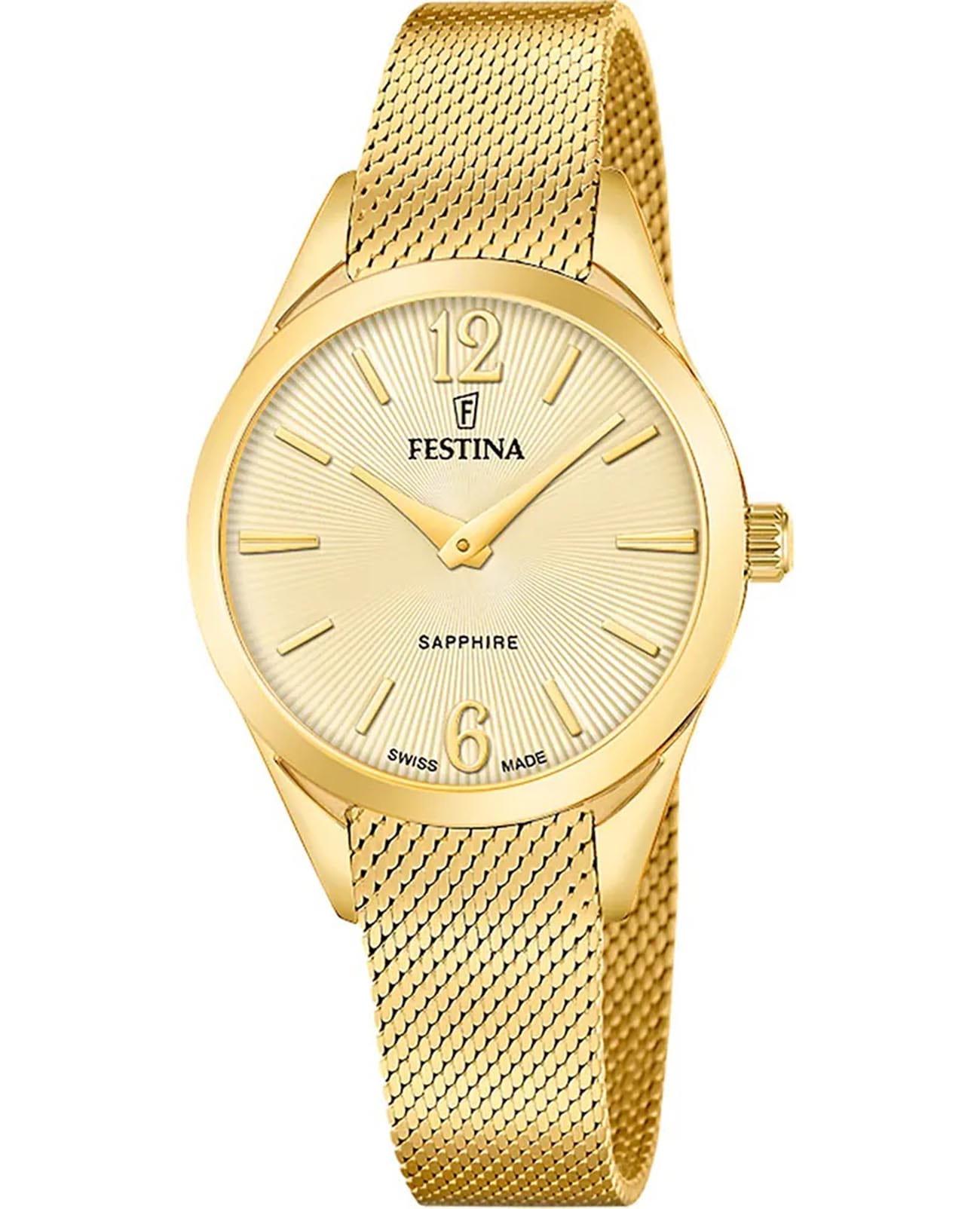 Festina Festina Swiss Made F20077/3  F20077/3 кварцевые женские часы золотой циферблат, браслет нержавеющая сталь с ip-покрытием — вид спереди