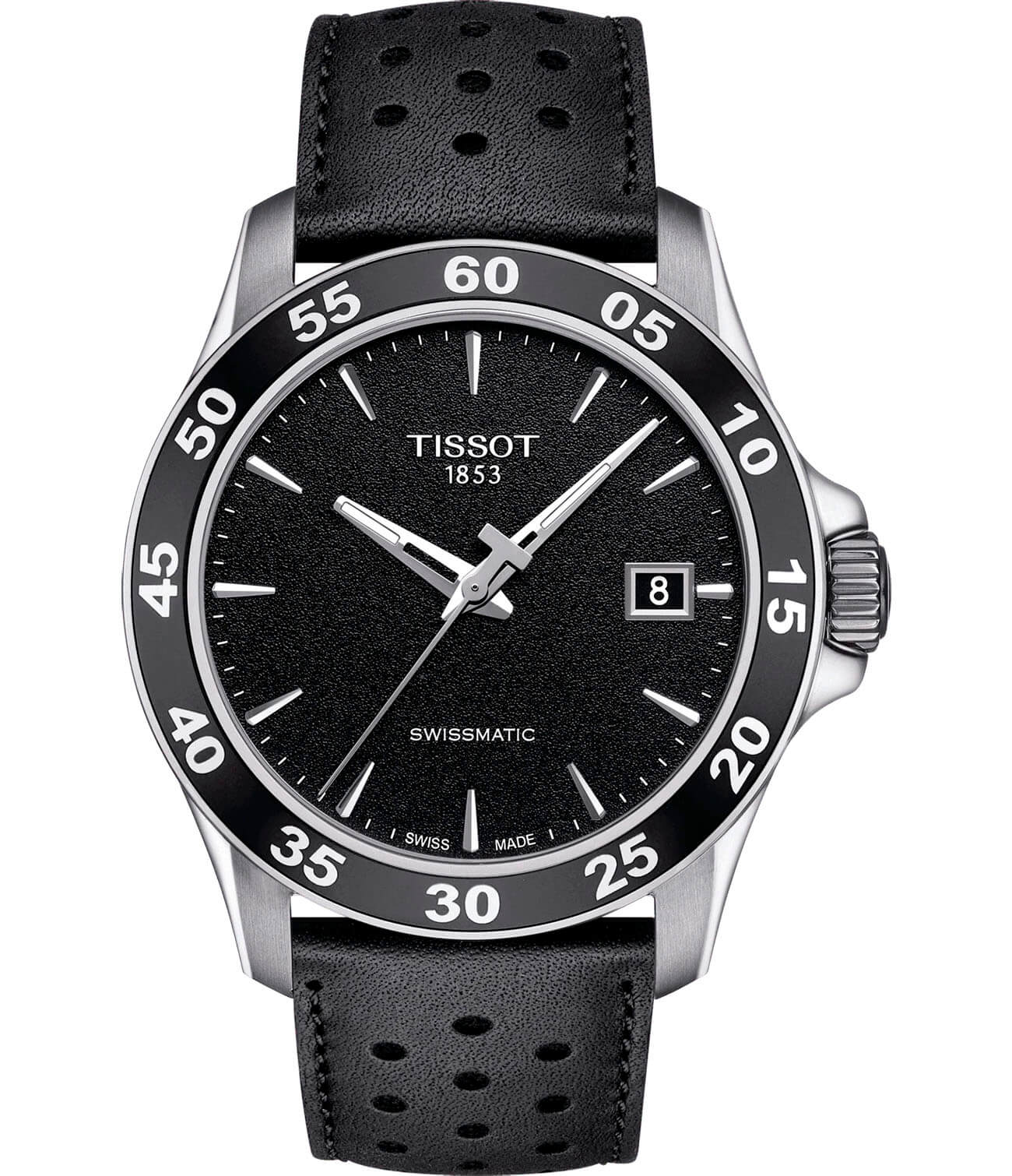 Tissot Tissot V8 Swissmatic T106.407.16.051.00 V8  T1064071605100 механические мужские часы черный циферблат, браслет кожаный — вид спереди