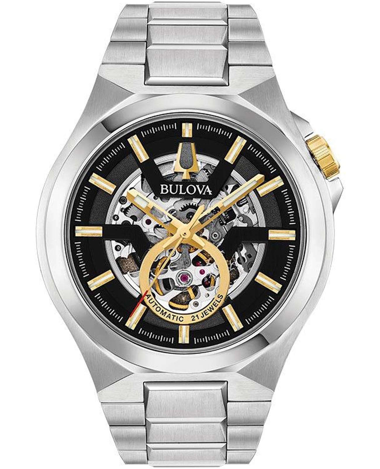 Bulova Bulova Maquina 98A224  98A224 механические мужские часы черный циферблат, браслет нержавеющая сталь — вид спереди