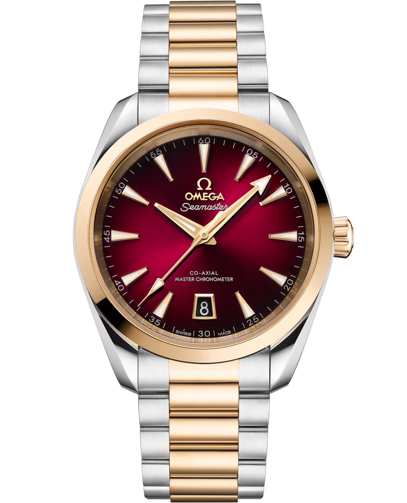 Omega Omega Seamaster Aqua Terra 220.20.38.20.10.002 Aqua Terra 22020382010002 механические женские часы бордовый циферблат, браслет нержавеющая сталь + золото 18к — вид спереди