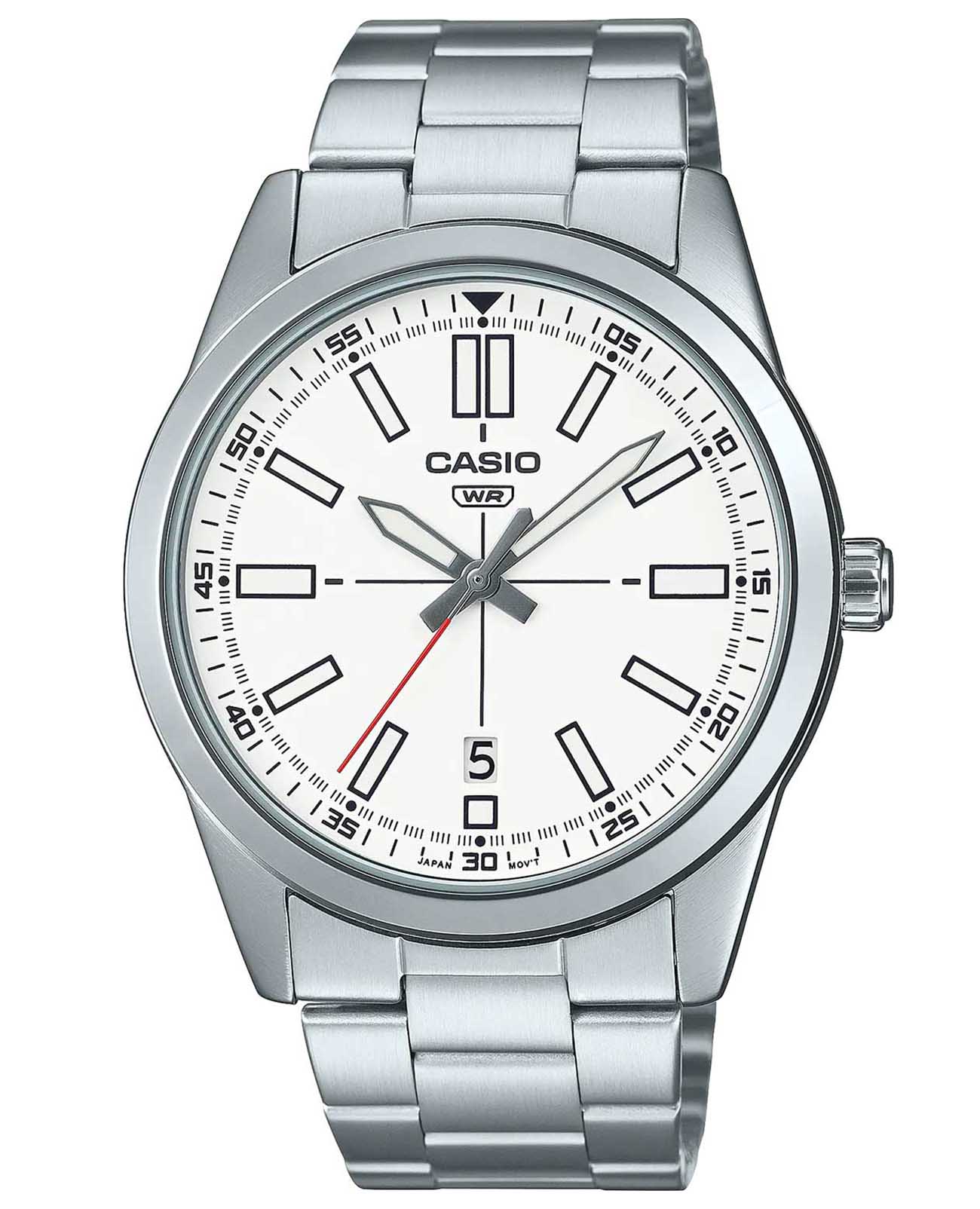 Casio Casio MTP-VD02D-7E  MTP-VD02D-7E кварцевые мужские часы белый циферблат, браслет нержавеющая сталь — вид спереди