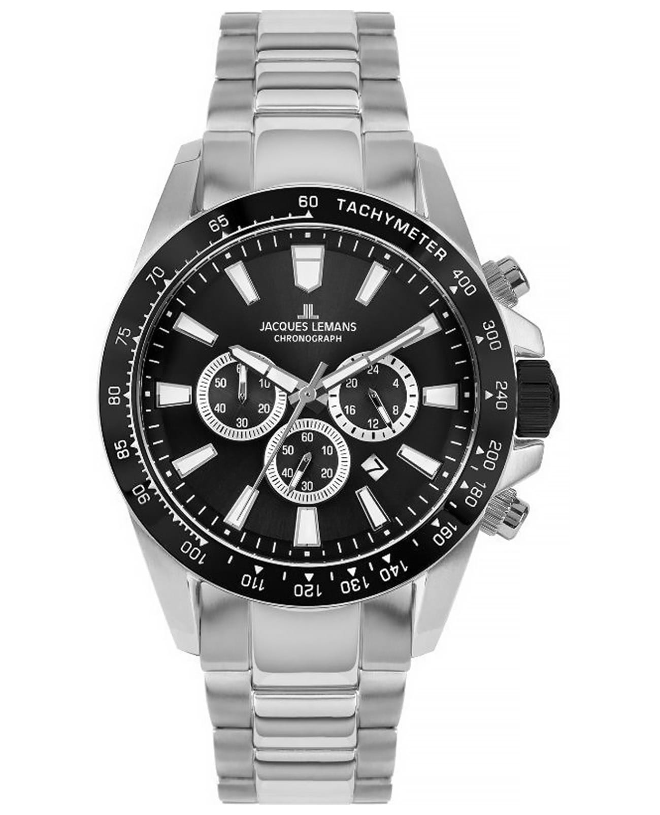 Jacques Lemans Jacques Lemans Sport 1-2140E  1-2140E кварцевые мужские часы черный циферблат, браслет нержавеющая сталь — вид спереди