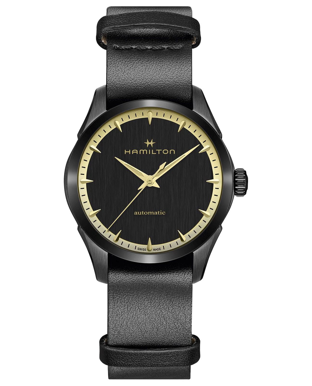 Hamilton Hamilton Jazzmaster Auto H32255730  H32255730 механические мужские часы золотой циферблат, браслет кожаный — вид спереди