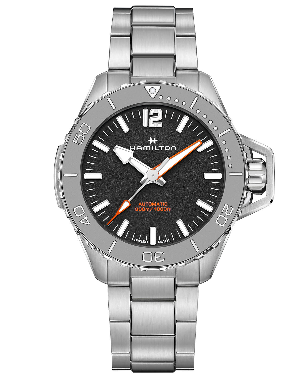 Hamilton Hamilton Khaki Navy Frogman Auto H77815130  H77815130 механические мужские часы черный циферблат, браслет нержавеющая сталь — вид спереди