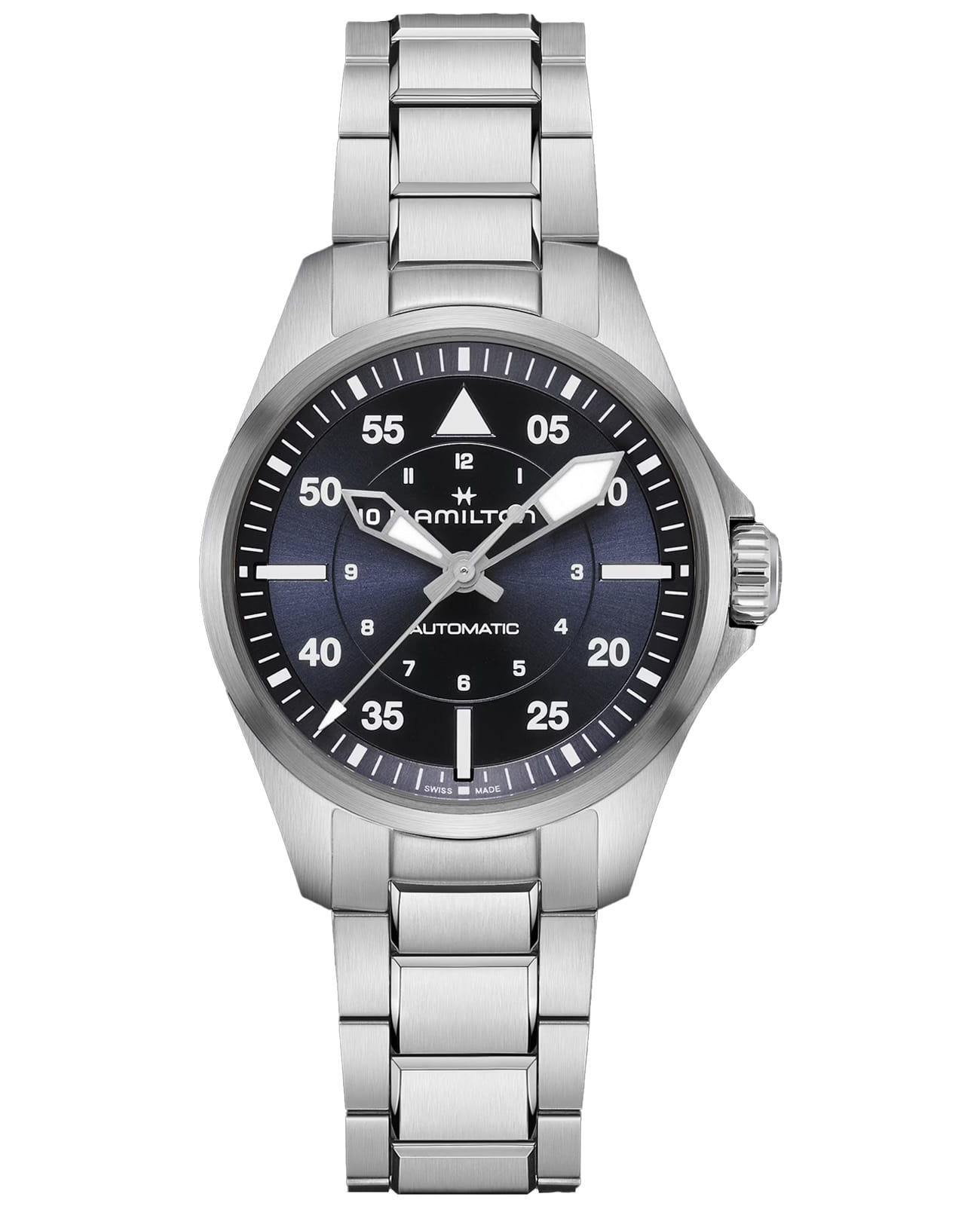 Hamilton Hamilton Khaki Aviation Pilot Auto H76215140  H76215140 механические мужские часы синий циферблат, браслет нержавеющая сталь — вид спереди