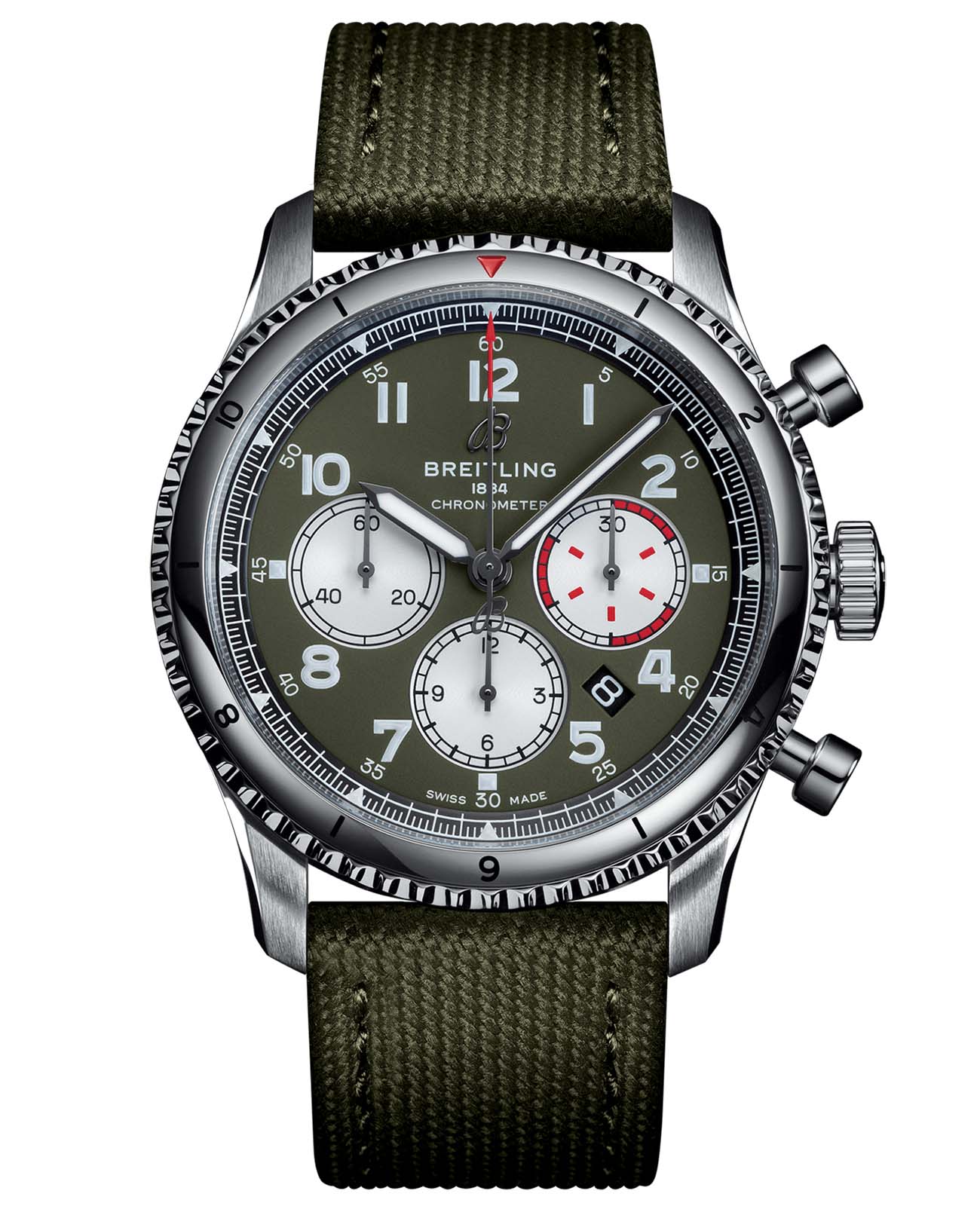 Breitling Breitling Aviator 8 B01 Chronograph 43 Curtiss Warhawk AB01192A1L1X1  AB01192A1L1X1 механические мужские часы зеленый циферблат, браслет кожаный — вид спереди