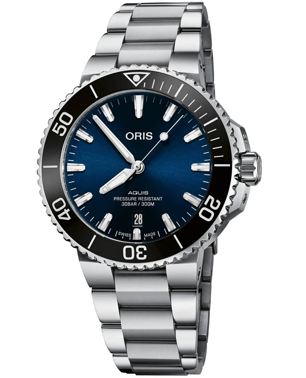 Oris Oris Aquis 01 733 7766 4135-07 8 22 05PEB  01 733 7766 4135-07 8 22 05PEB механические мужские часы синий циферблат, браслет нержавеющая сталь — вид спереди