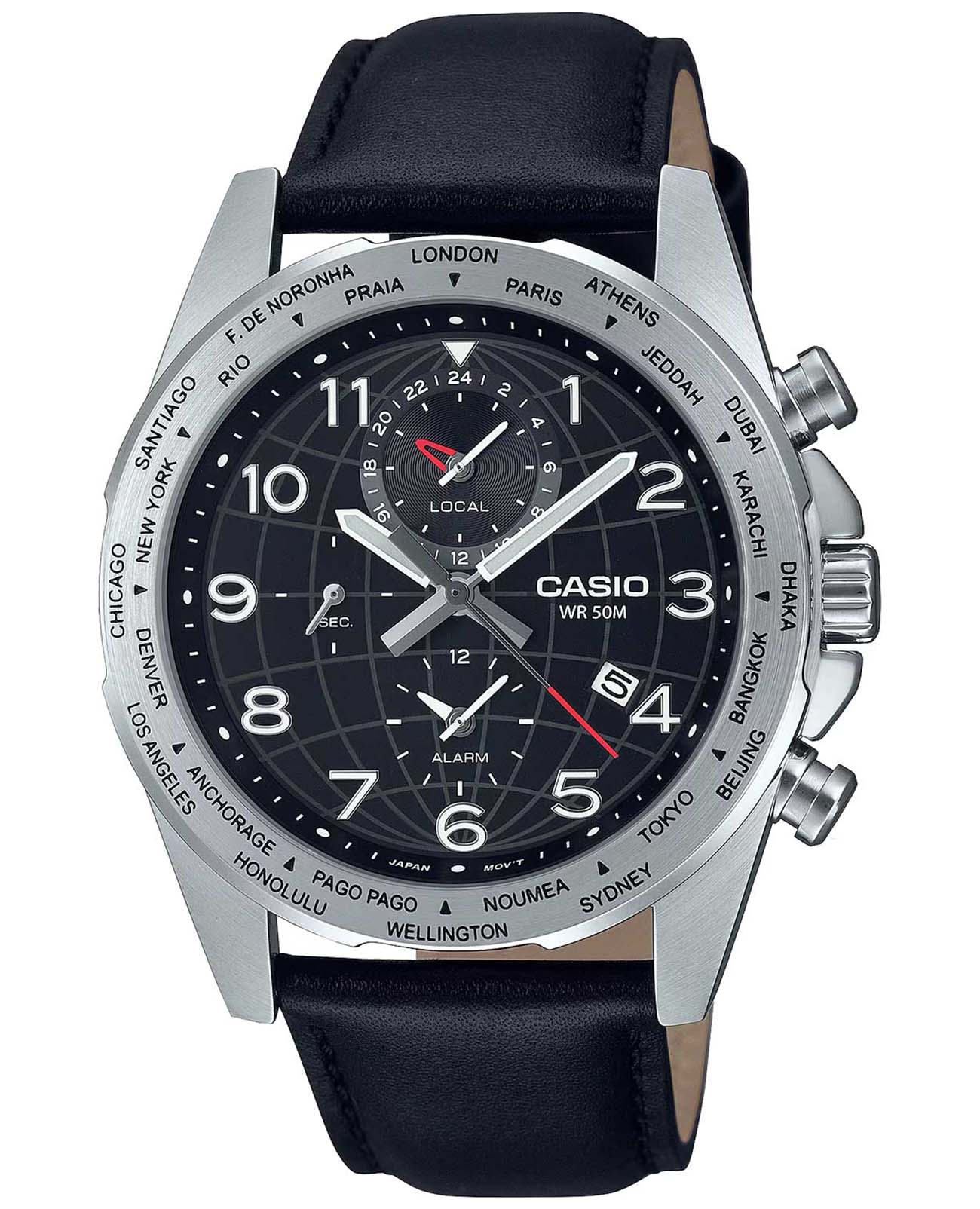 Casio Casio Collection MTP-W500L-1A  MTP-W500L-1A кварцевые мужские часы черный циферблат, браслет кожаный — вид спереди