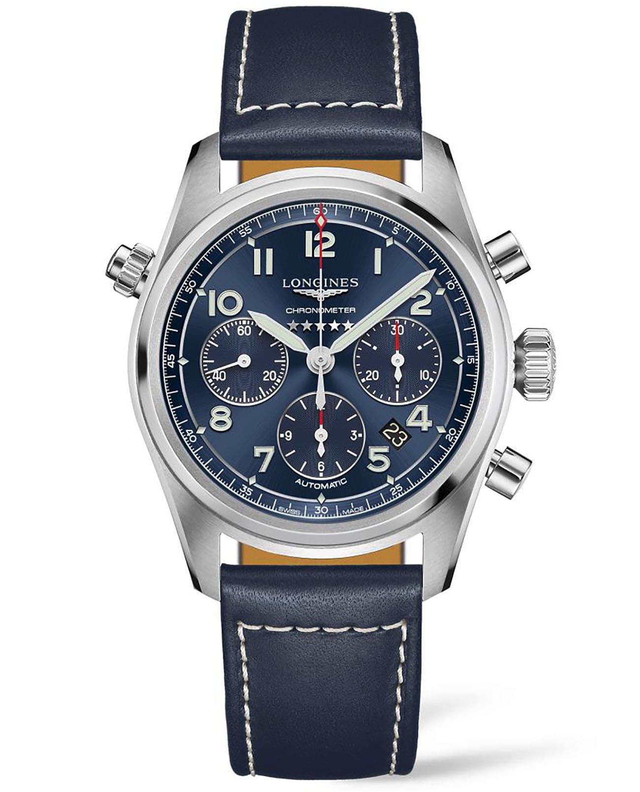 Longines Longines Spirit L3.820.4.93.0  L38204930 механические мужские часы синий циферблат, браслет кожаный — вид спереди