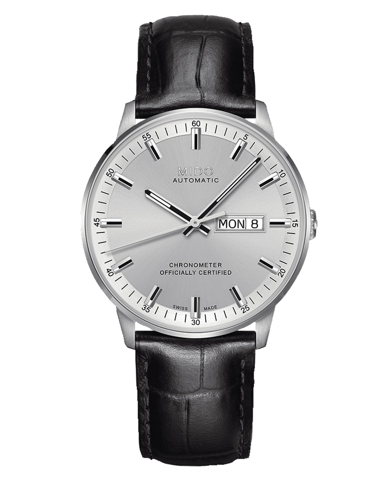 Mido Mido Commander Chronometer M021.431.16.031.00  M0214311603100 механические мужские часы серебристый циферблат, браслет кожаный — вид спереди