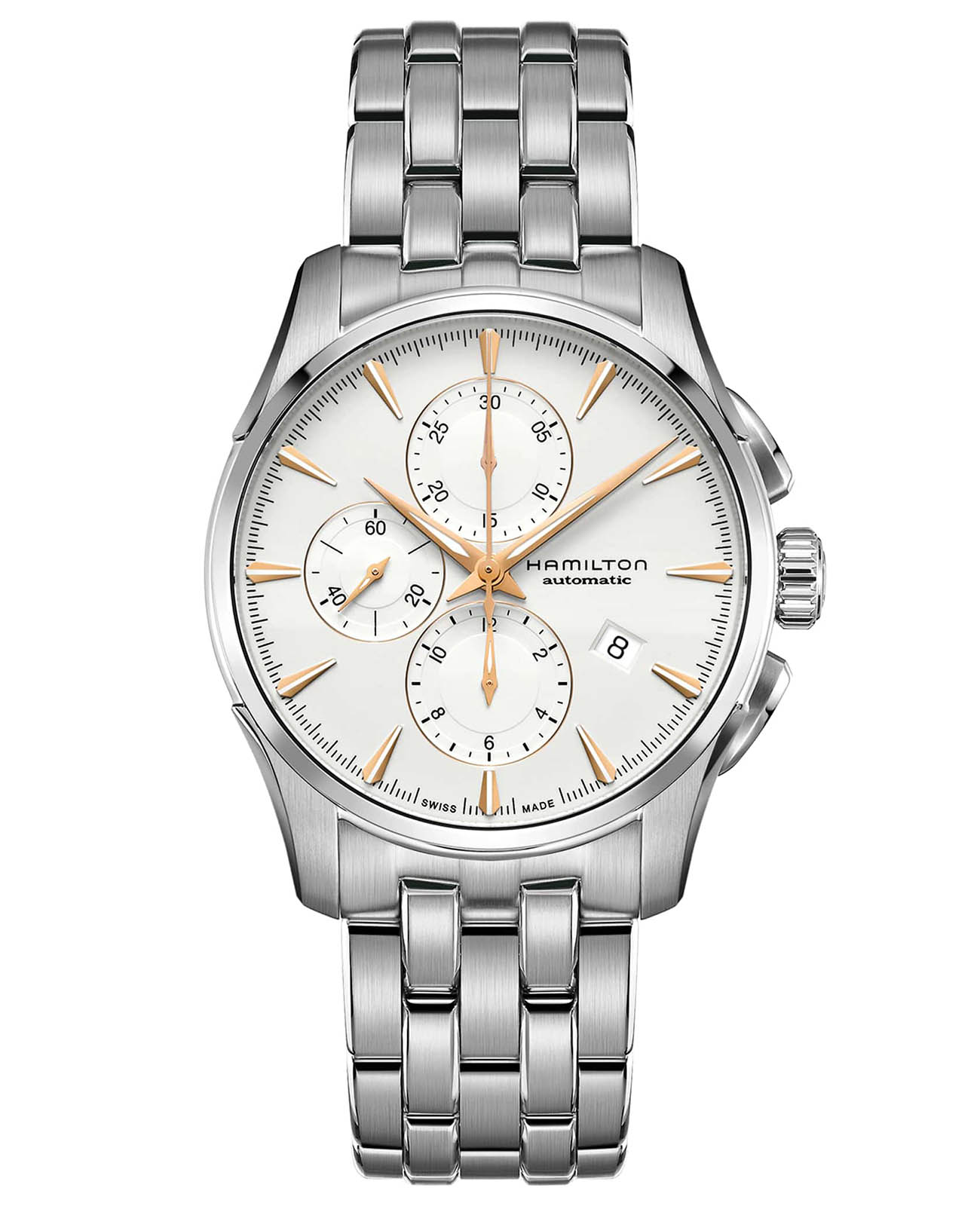 Hamilton Hamilton Jazzmaster Auto Chrono H32586111  H32586111 механические мужские часы белый циферблат, браслет нержавеющая сталь — вид спереди