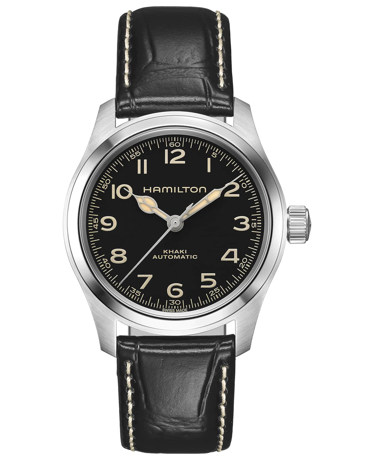 Hamilton Hamilton Khaki Field Murph H70405730  H70405730 механические мужские часы черный циферблат, браслет кожаный — вид спереди