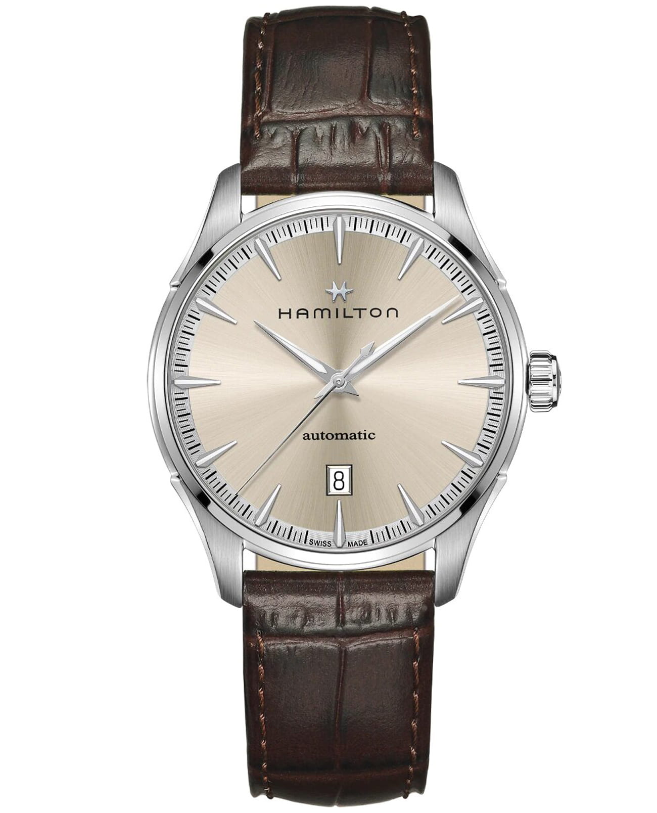 Hamilton Hamilton Jazzmaster Gents Auto H32475520  H32475520 механические мужские часы бежевый циферблат, браслет кожаный — вид спереди