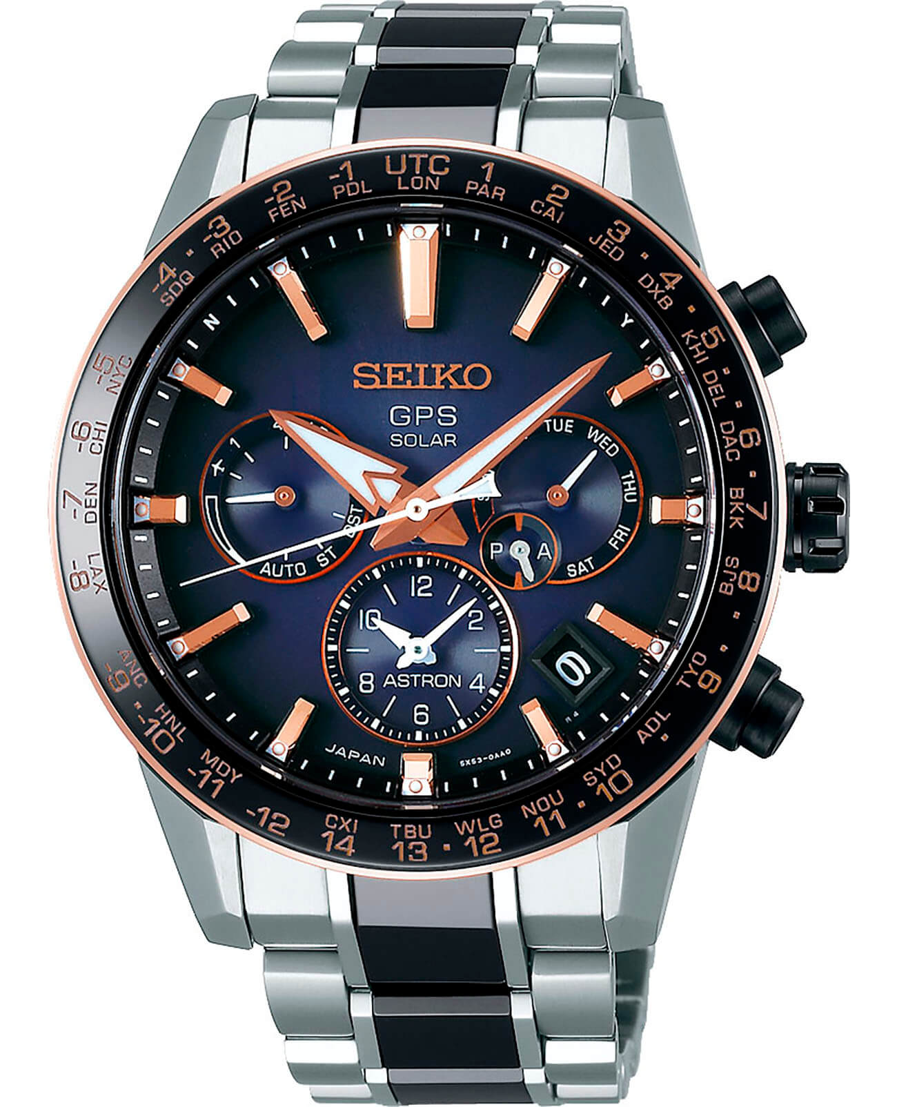 Seiko Seiko Astron GPS Solar SSH007J1  SSH007J1 автокварц (кинетик) мужские часы черный циферблат, браслет титановый c pvd покрытием — вид спереди