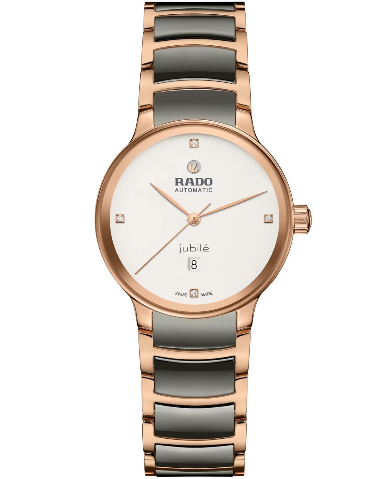 Rado Rado Centrix Automatic Diamonds R30019722 Automatic R30019722 механические женские часы белый циферблат, браслет высокотехнологичная керамика + нержавеющая сталь с pvd покрытием — вид спереди