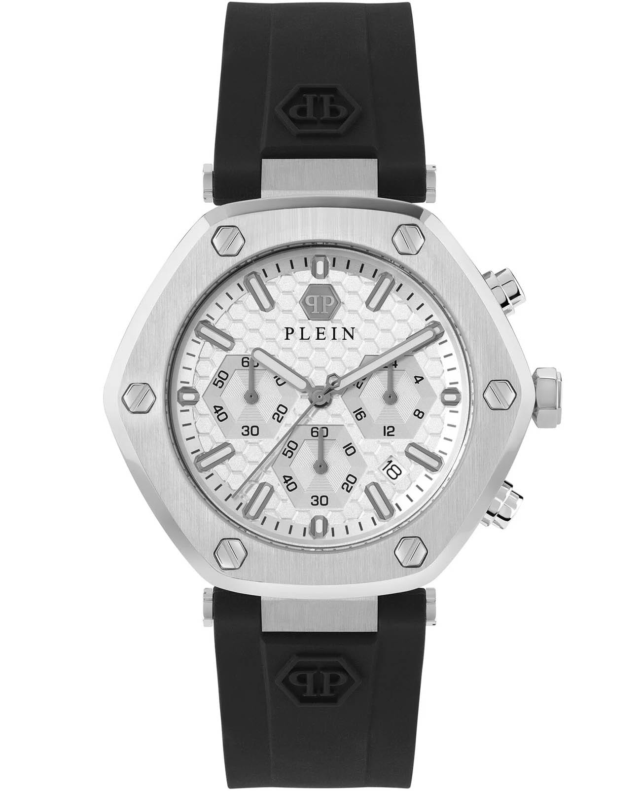 Philipp Plein Philipp Plein The Hexagon Chrono PWZBA0123  PWZBA0123 кварцевые мужские часы серебристый циферблат, браслет силикон — вид спереди