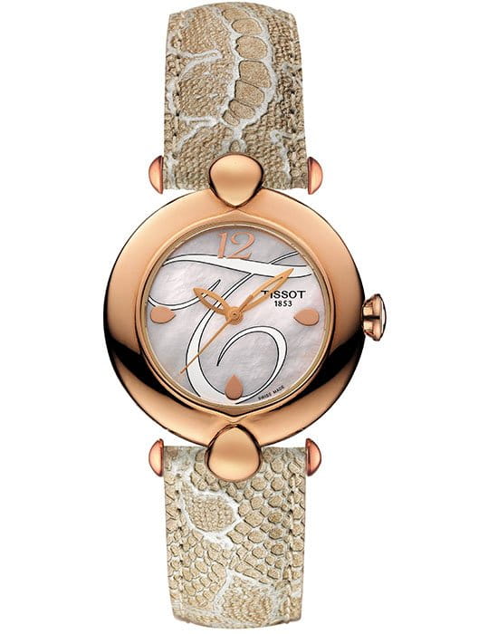 Tissot Tissot Pretty Lady 18K Gold T918.210.76.117.01  T9182107611701 кварцевые женские часы перламутровый циферблат, браслет кожаный — вид спереди