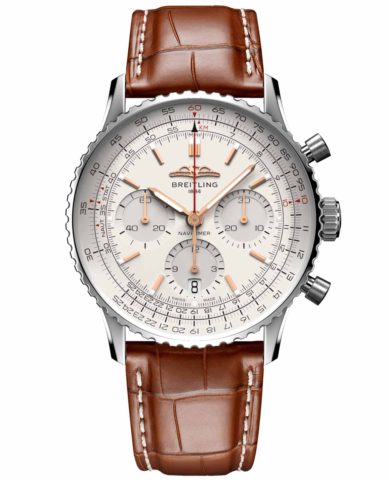 Breitling Breitling Navitimer B01 Chronograph 41 AB0139211G1P1  AB0139211G1P1 механические мужские часы белый циферблат, браслет кожаный — вид спереди