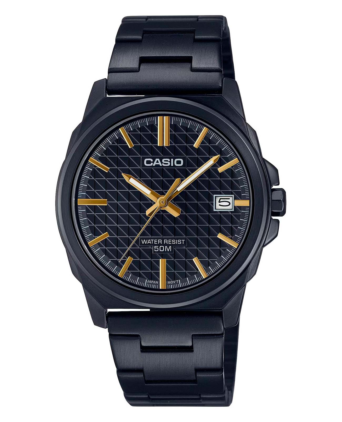 Casio Casio Collection MTP-E720B-1AVDF (MTP-E720B-1A)  MTP-E720B-1A кварцевые мужские часы черный циферблат, браслет нержавеющая сталь с ip-покрытием — вид спереди