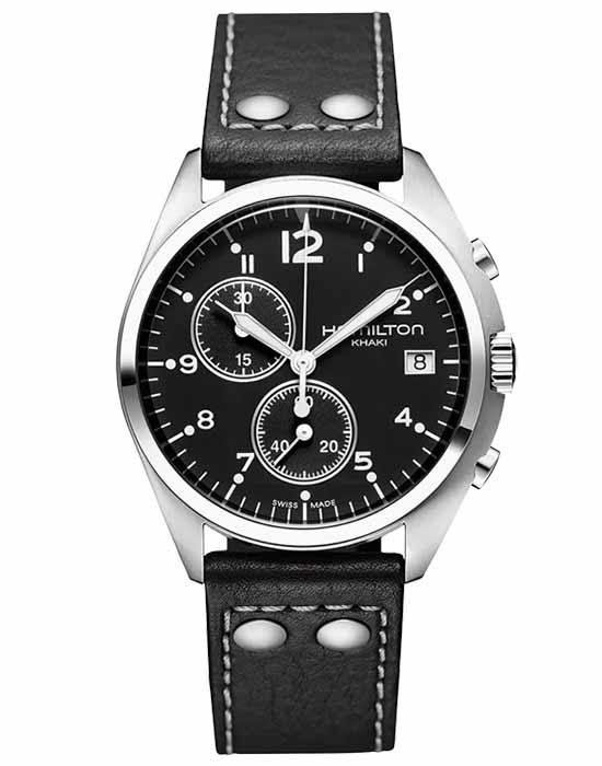 Hamilton Hamilton Khaki Aviation Pilot Pioneer Chrono H76512733  H76512733 кварцевые мужские часы черный циферблат, браслет кожаный — вид спереди