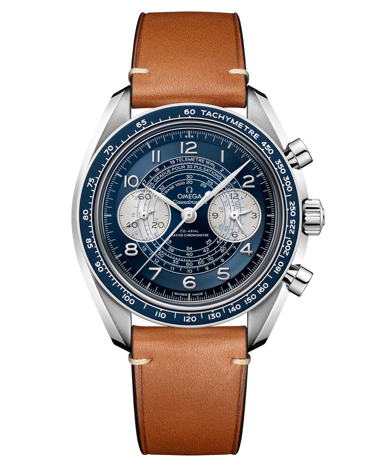 Omega Omega Speedmaster Chronoscope 329.32.43.51.03.001  32932435103001 механические мужские часы синий циферблат, браслет кожаный — вид спереди