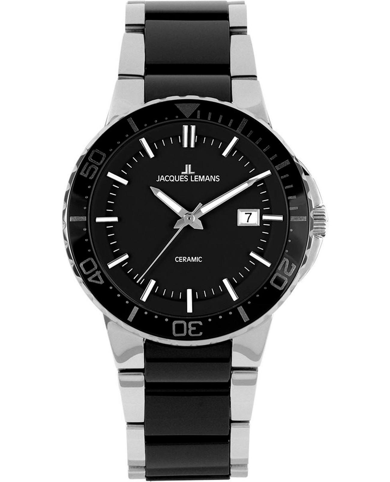 Jacques Lemans Jacques Lemans High Tech Ceramic 1-2164A  1-2164A кварцевые мужские часы черный циферблат, браслет сталь + керамические вставки — вид спереди