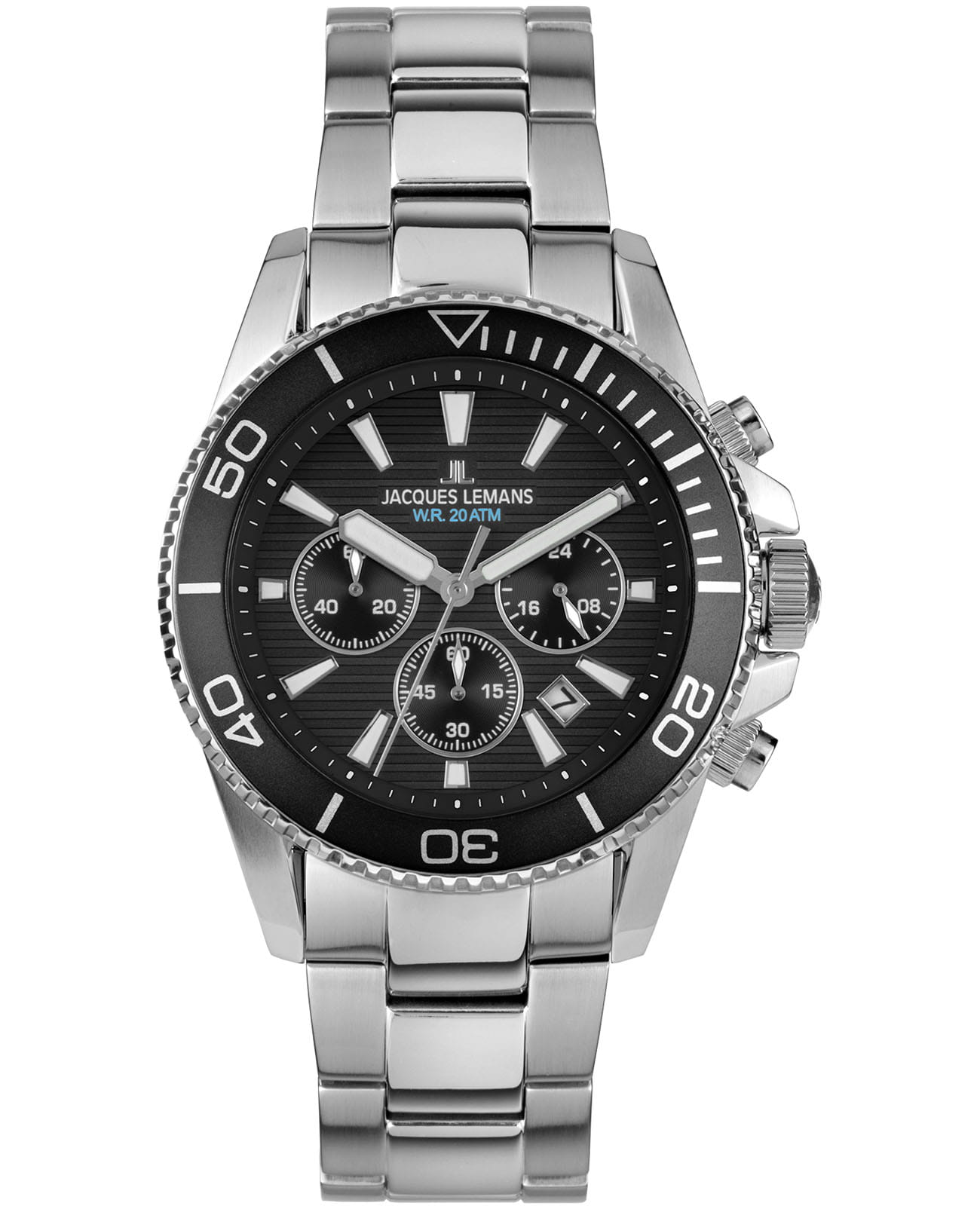 Jacques Lemans Jacques Lemans Liverpool Diver 1-2206G  1-2206G кварцевые мужские часы черный циферблат, браслет нержавеющая сталь — вид спереди