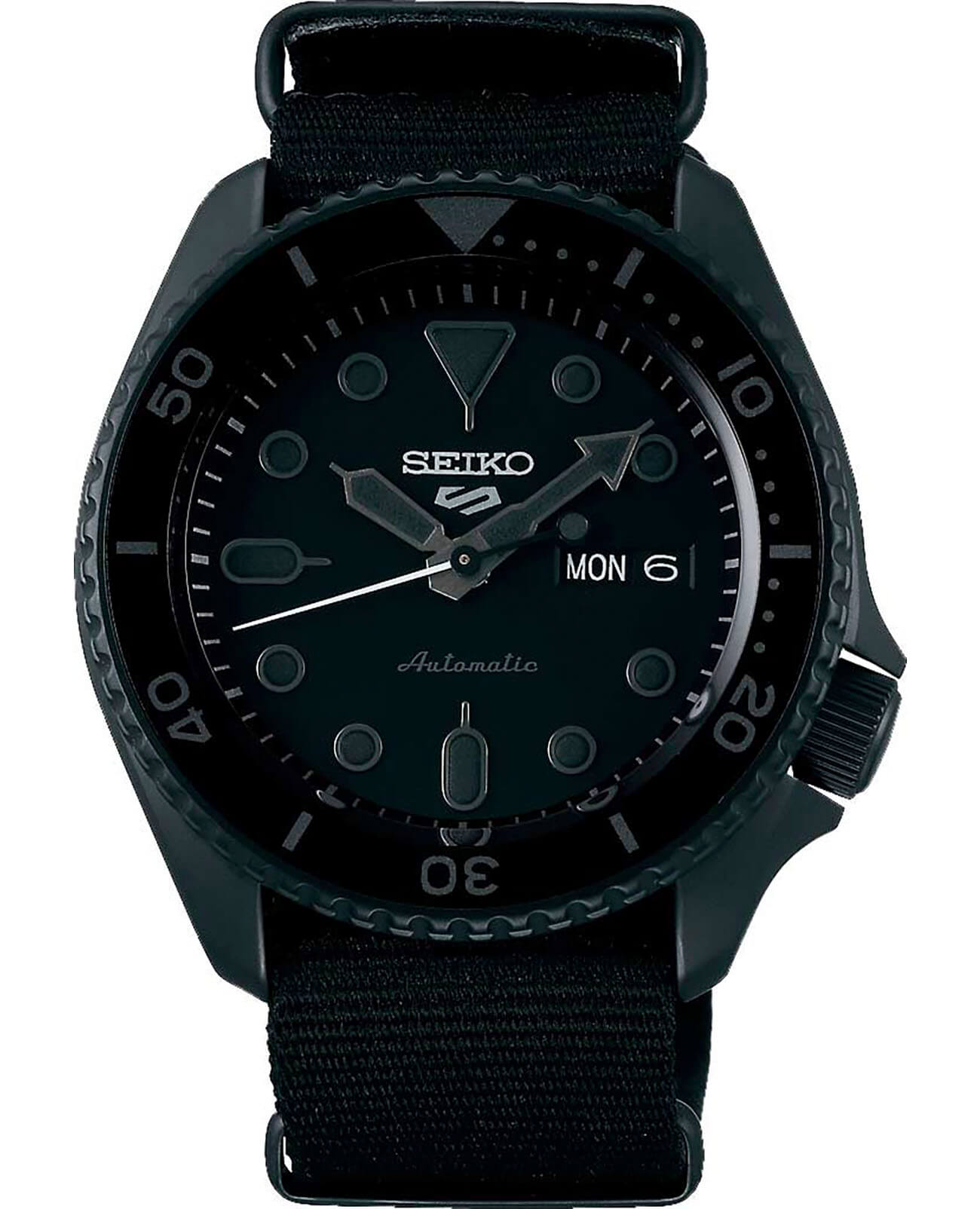 Seiko Seiko 5 Sports SRPD79K1  SRPD79K1 механические мужские часы черный циферблат, браслет нейлон — вид спереди