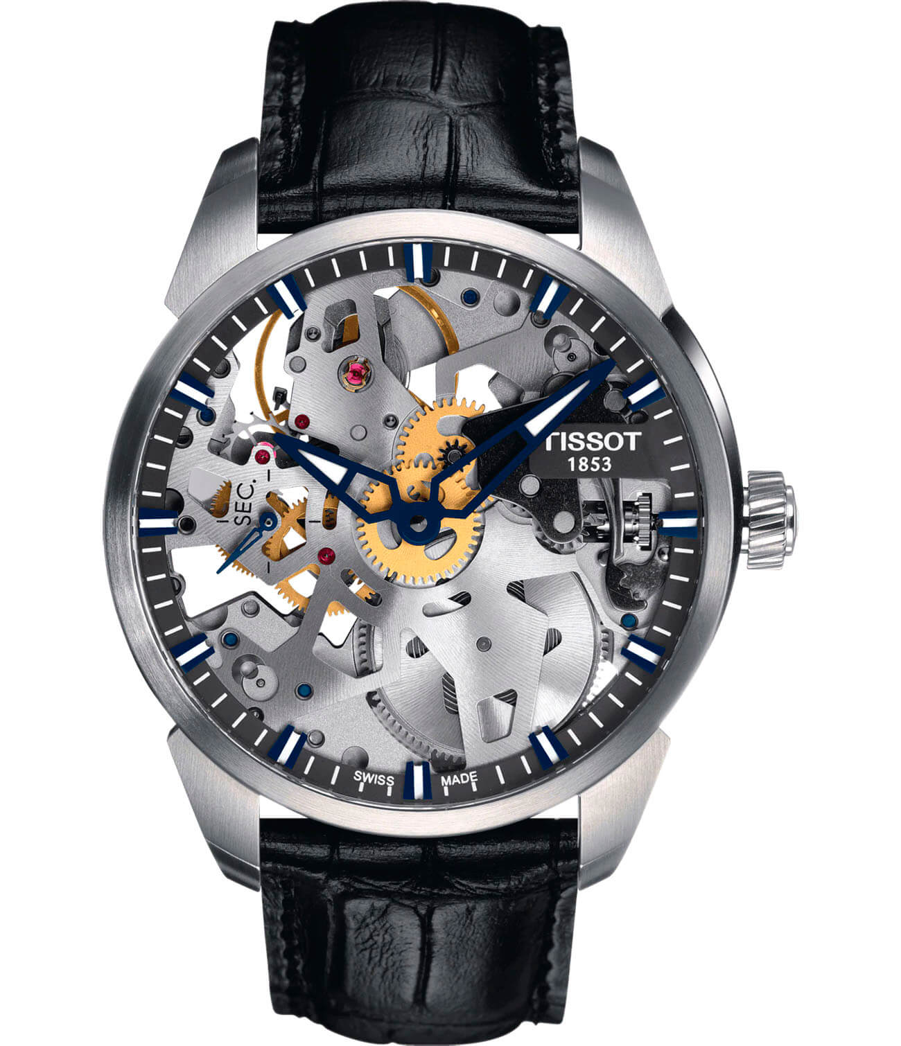 Tissot Tissot T-Complication Squelette Mechanical T070.405.16.411.00  T0704051641100 механические мужские часы серебристый циферблат, браслет кожаный — вид спереди