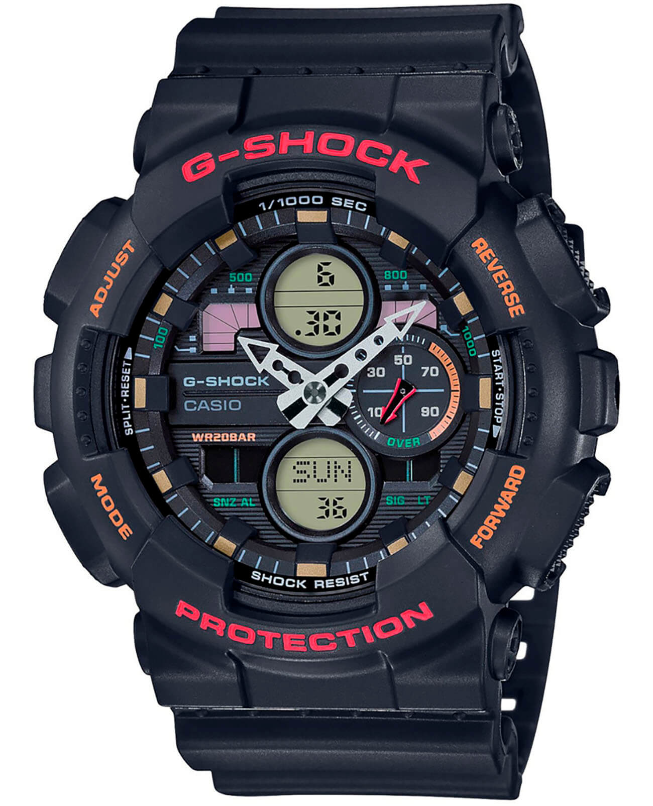 Casio Casio G-Shock GA-140-1A4DR (GA-140-1A4) GA GA-140-1A4 электронные мужские часы черный циферблат, браслет пластик — вид спереди